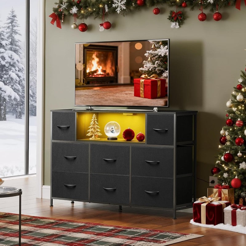 Black TV Stand Dresser LED Lights Charging Station 8 Fabric Drawers Shelf1