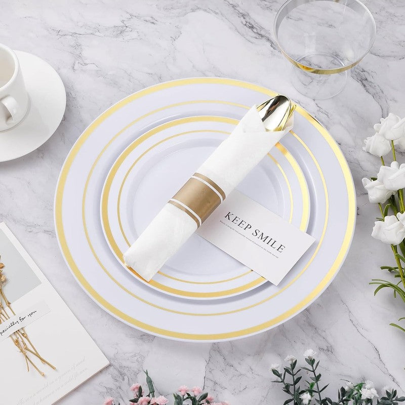 350PCS Gold Plastic Dinnerware Set, Disposable Party Plates for 50 Guests, Inclu5