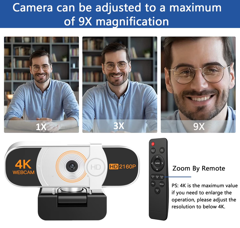4K Webcam Auto Zoom Remote Privacy Cover Mic USB for PC Laptop Desktop3