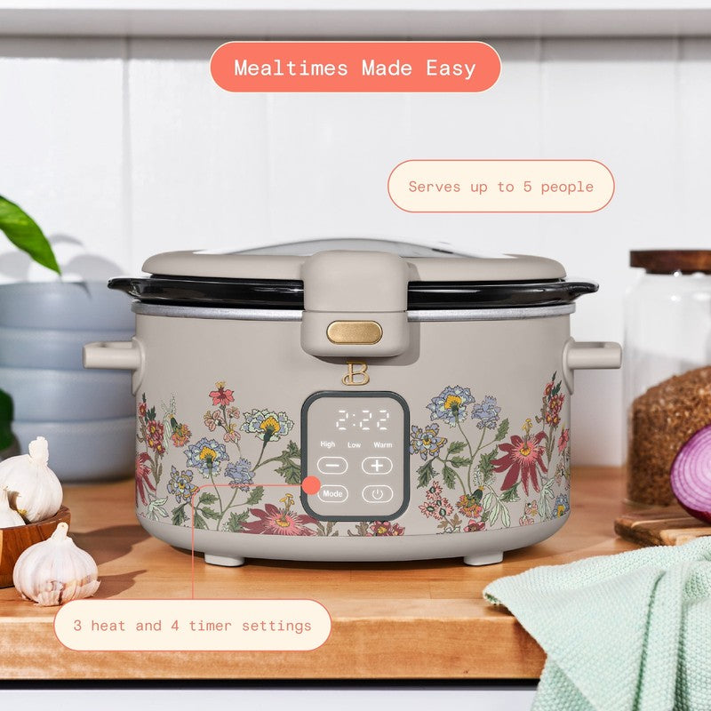Drew Barrymore 4Qt Digital Slow Cooker Hinged Locking Lid Wildflower Porcini1