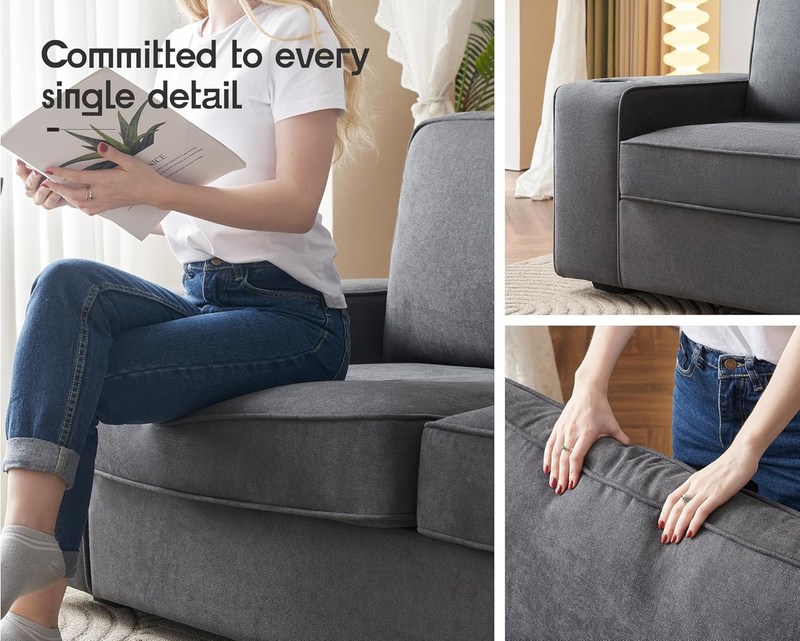 Chenille Sofa Chair Cup Holders USB Ports Upholstered Living Room Charcoal Grey3