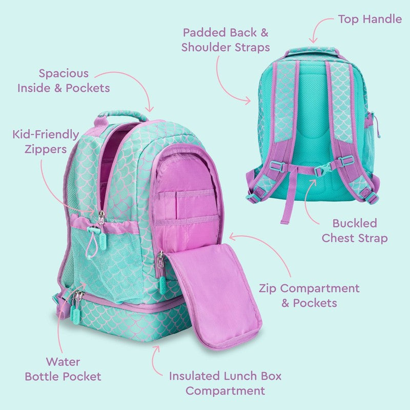 Kids Prints 2 In 1 Backpack & Insulated Lunch Bag   Teal Mermaid2