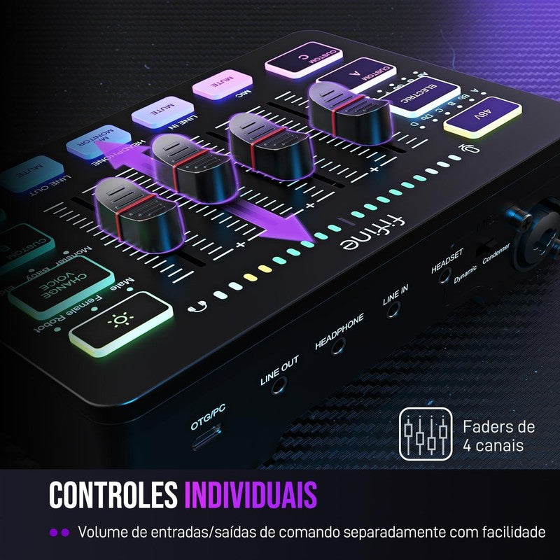 Gaming Audio Mixer RGB PC Mixer with XLR Mic, Volume Fader, Phantom Power SC32