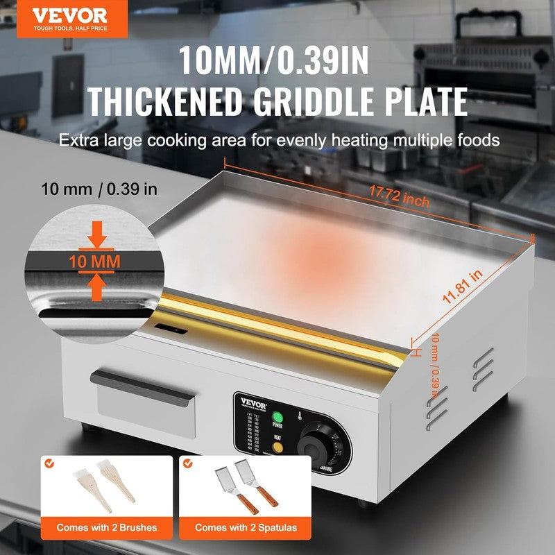1700W Commercial Electric Griddle 18in Stainless Steel Flat Top Adjustable Temp1