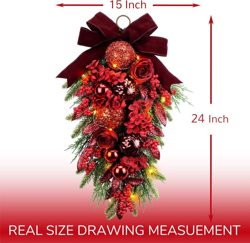 24" Decorative Christmas Teardrop Swag Red Hydrangea Purple Bow Red Berries3