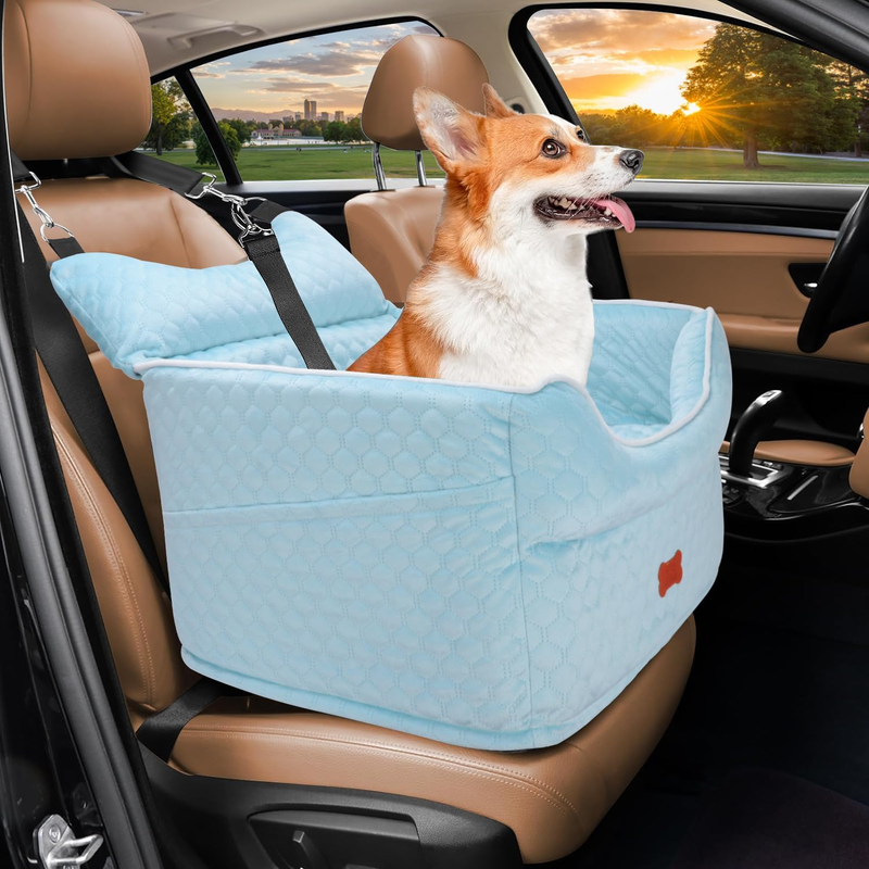 Dog Car Seat Memory Foam Small Dogs up to 25lbs w/ Pockets & Seat Belt Blue0
