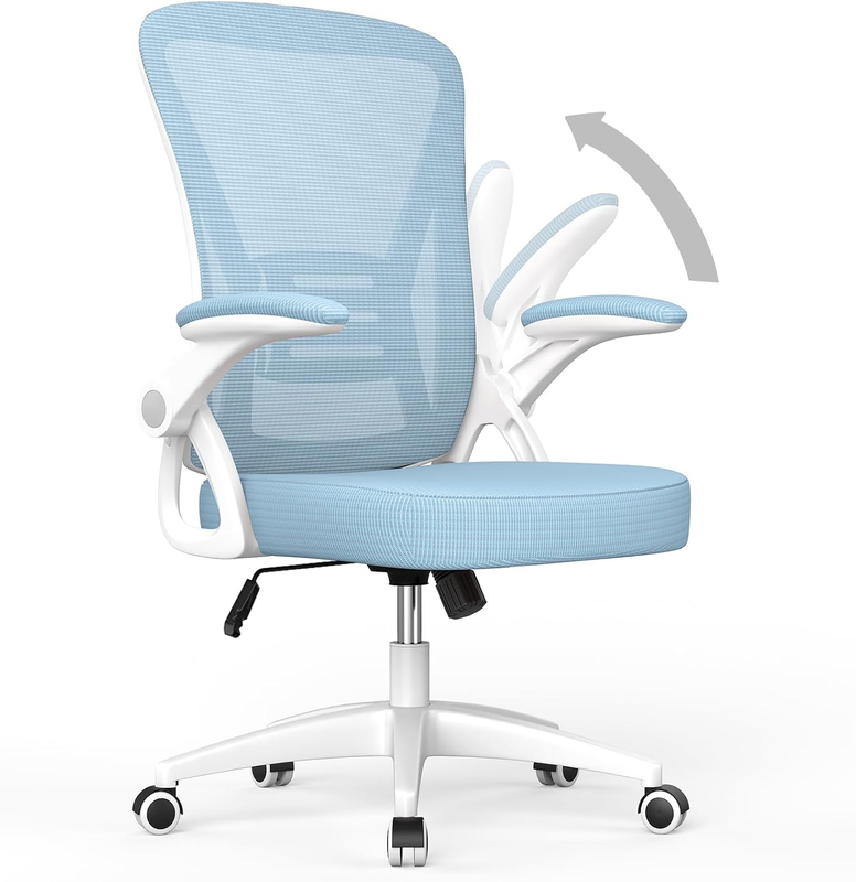 Office Desk Chair Mid Back Mesh Adjustable Height Flip Up Arms Lumbar Blue7