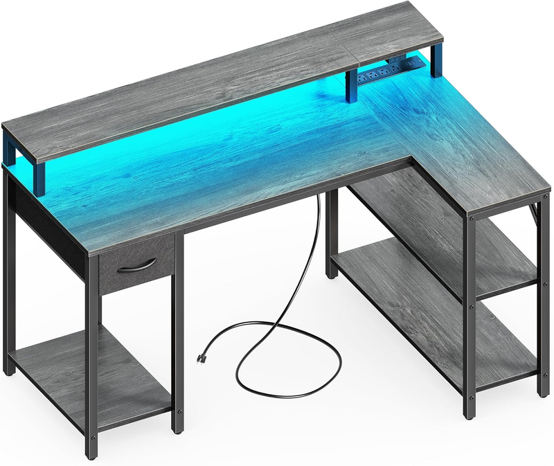 47'' Reversible L Shaped Desk LED Lights Power Outlets Gaming Grey0