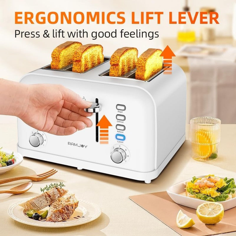 4 Slice Toaster 1500W Dual Control Extra Wide Slots 7 Shade Stainless White7
