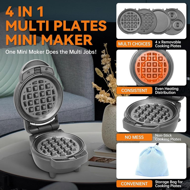 4-in-1 Mini Waffle Maker Pancake Donut Heart Waffles Removable Plates Graphite1