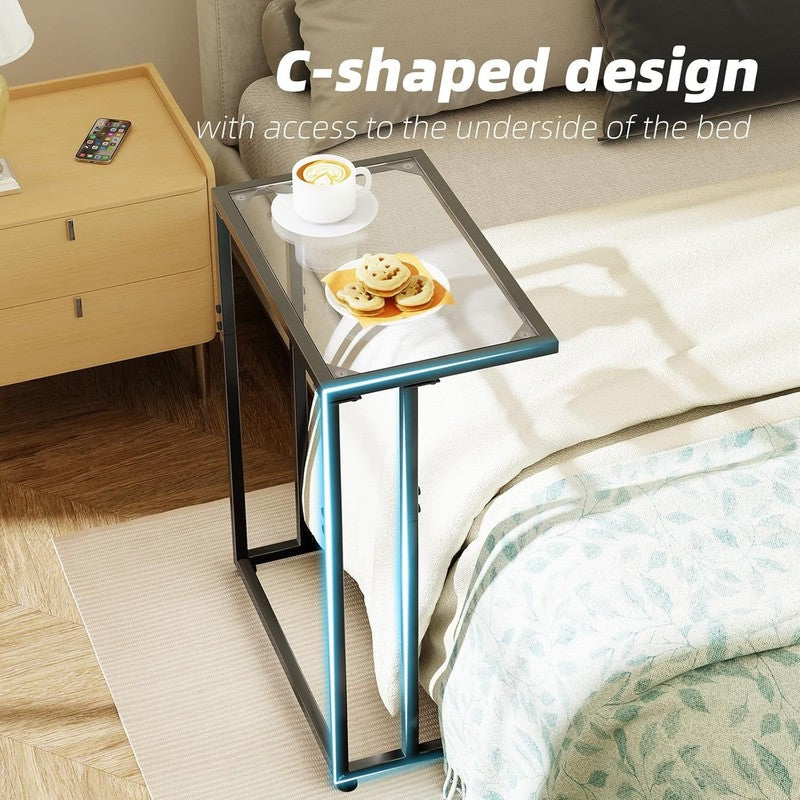 C Shaped Glass End Table, Black Side Table for Couch, Bed, Small Spaces3