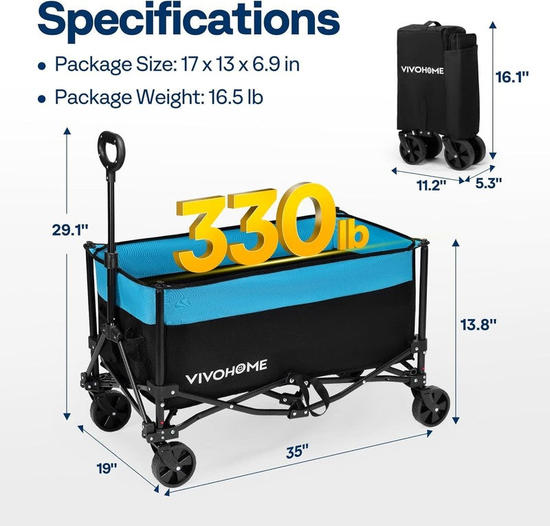330LBS Collapsible Wagon Cart, 170L Heavy Duty Foldable w/ Cup Holders6