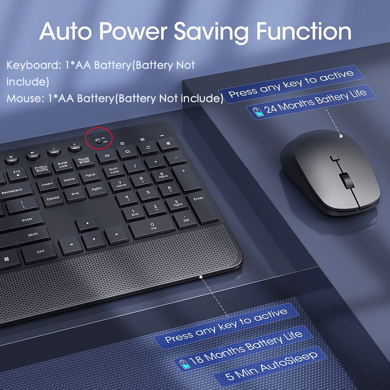 Wireless Keyboard and Mouse Combo Full Size Ergonomic 2.4GHz Silent Mouse with T4