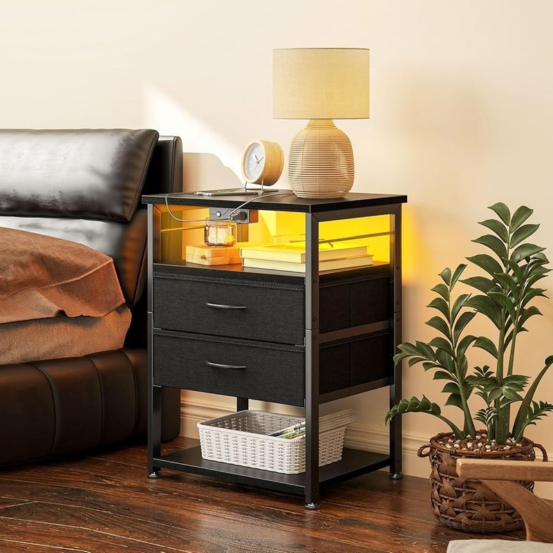 Night Stand W/ Charging Station Tall Nightstand Bedroom 4 Tier Storage End Table3