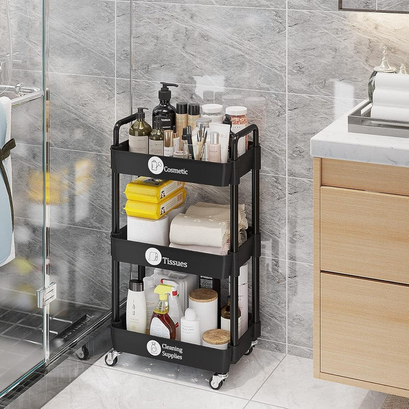 3-Tier Rolling Utility Cart with Labels, Handle & Wheels, Black Storage Rack4