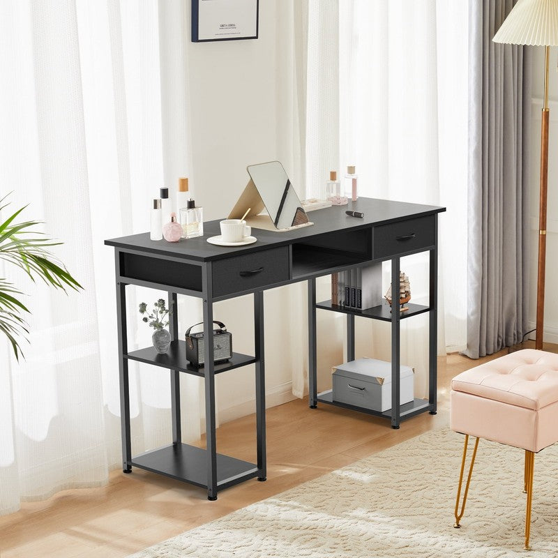 48" Small Desk w/ Fabric Drawers & Shelves Computer/Writing Desk Black2