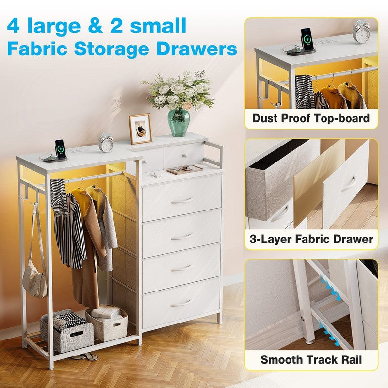 Dresser for Bedroom with Clothes Rack, 6 Drawers Dresser with Charging Station &1