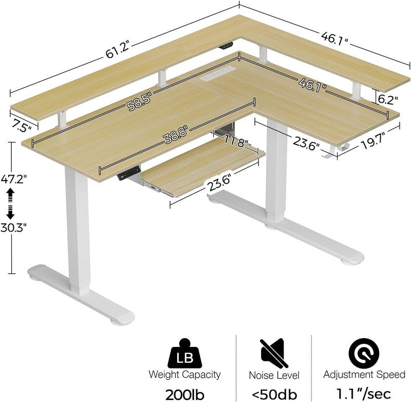 L Shaped Electric Standing Desk w/ Keyboard Tray LED Power Beige2