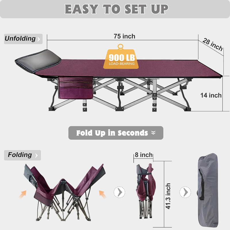 2PK Camping Cot 28" Wide Heavy Duty 1200D Oxford Folding Bed w/ Mat Carry Bag6