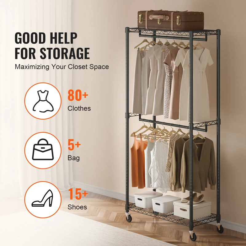 Clothes Rack 300 Lbs Double Hanging Garment Rack with Wheels Heavy Duty Rolling 3