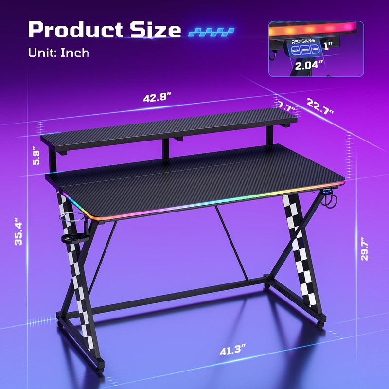 43" X-Shaped Gaming Desk Music Sync LED with Monitor Stand White Racing6