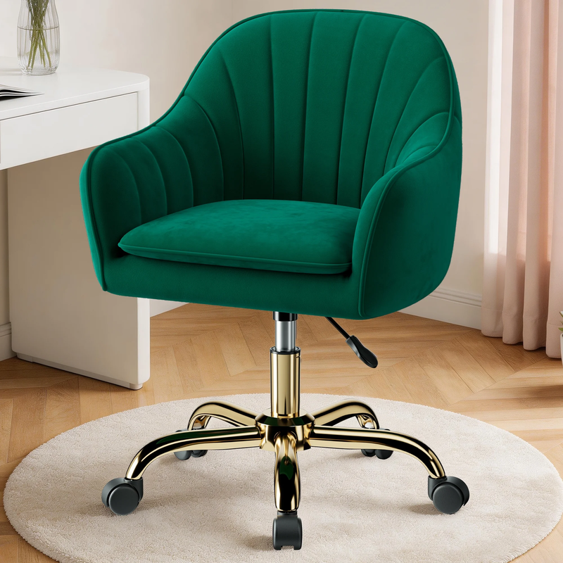 Office Desk Chair with Padded, Velvet Vanity Chair with Back and Wheels, Comfy H0