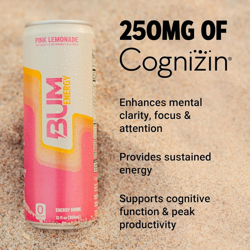 BUM Sugar Free Pink Lemonade Energy Drink   Natural Caffeine & Boost, 12 Pack3