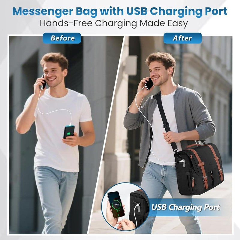 Messenger Bag 15.6 Inch Laptop USB Charging Port Water Resistant Satchel Black2