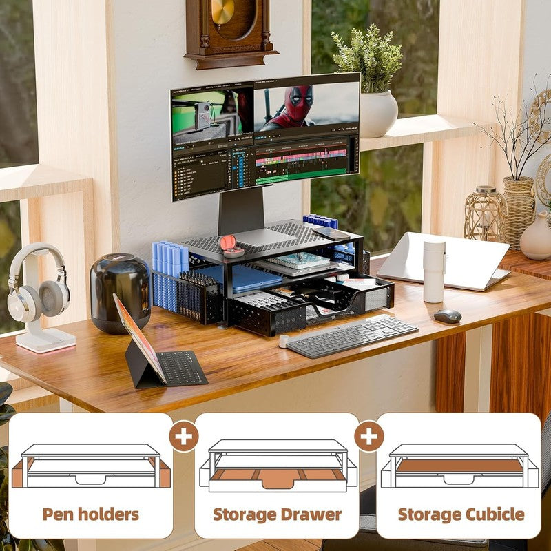 2-Tier Metal Monitor Stand with Drawer & Pen Holder for Desk Organization2