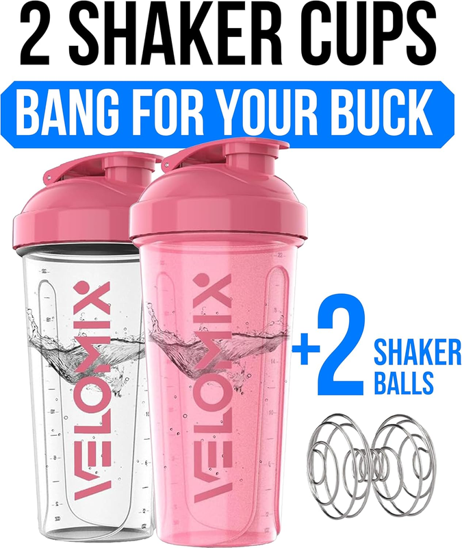 2 Pack 28oz Protein Shaker Bottles Wire Whisk Leakproof Pink Clear1