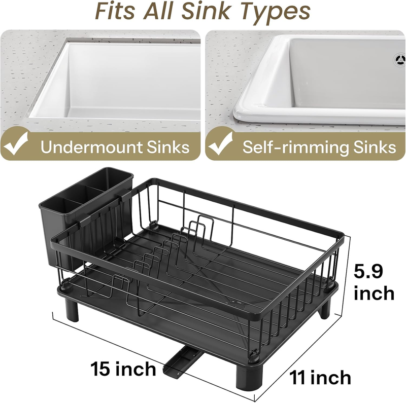 Stainless Steel Dish Drying Rack w/ Drainboard Utensil Holder Black1