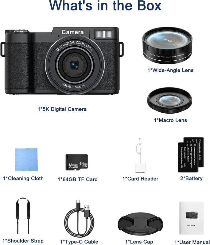 5K Digital Camera 64MP Vlogging 18X Zoom 180° Flip Screen WiFi w Lenses & 64GB8
