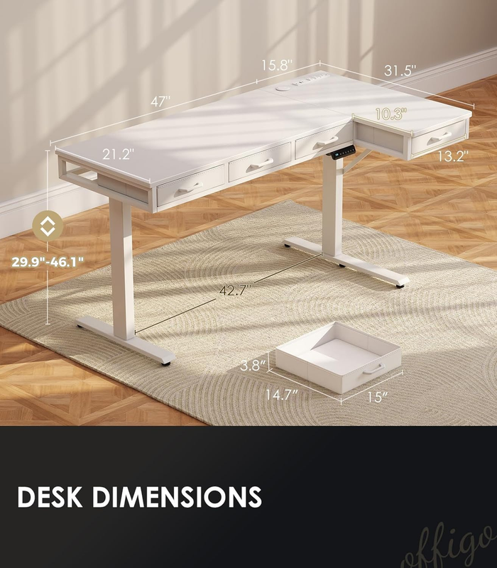 63" L Shaped Electric Standing Desk w/ Drawers Power Outlets Sit Stand White2