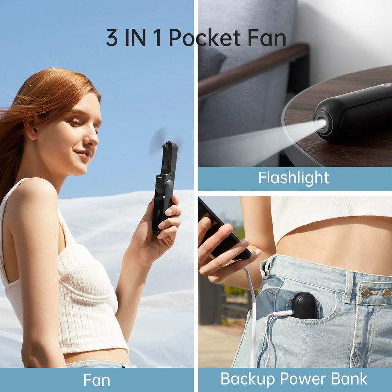 Portable Mini Fan Rechargeable Handheld 3 in 1 Pocket Fan Power Bank Black4