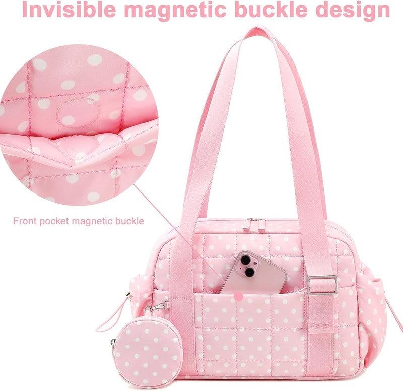 Mini Gym Bag Women Quilted Duffel Wet Compartment Yoga Dance Polka Pink 12.6"6