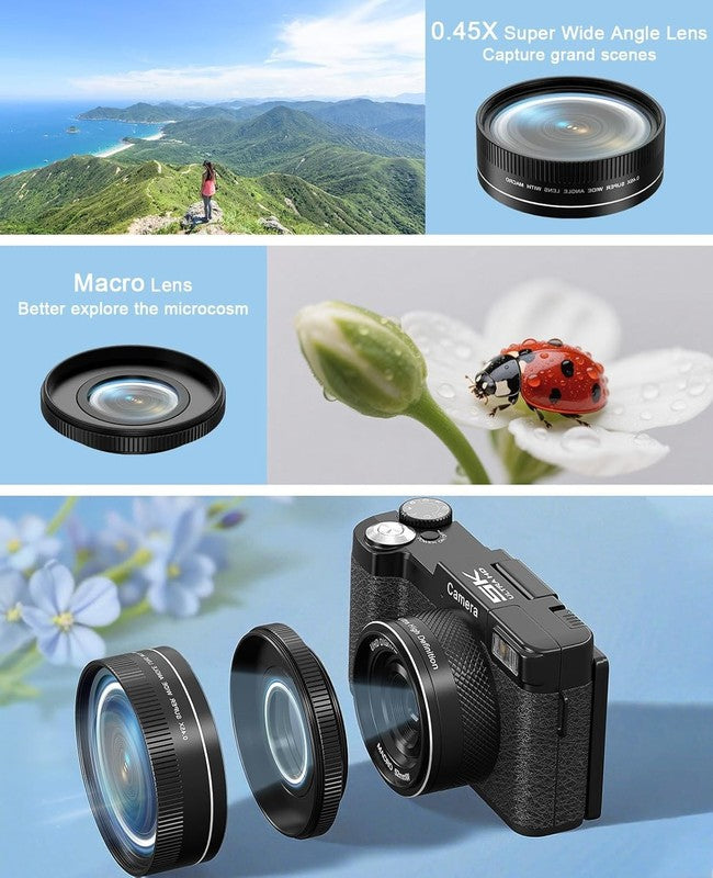 5K Digital Camera 64MP Vlogging 18X Zoom 180° Flip Screen WiFi w Lenses & 64GB5