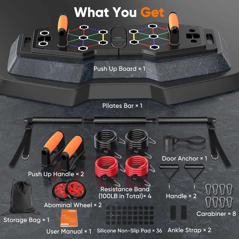 Foldable Push up Board 25-In-1 with Resistance Bands, Ab Roller & Bar, Color-Cod6