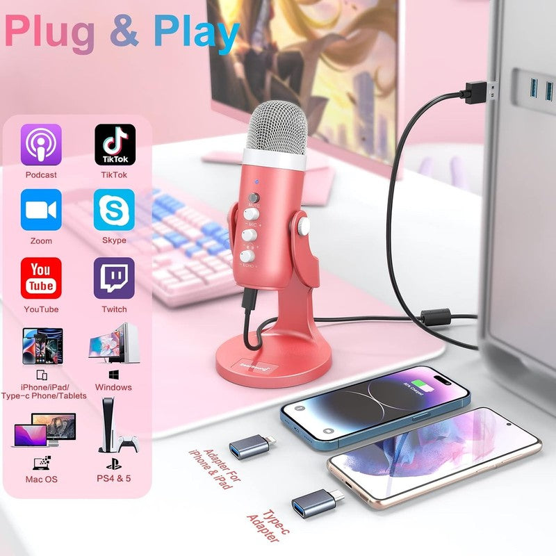 Pink USB Gaming Mic w/ Quick Mute, Echo, Monitor Volume PC Phone K661