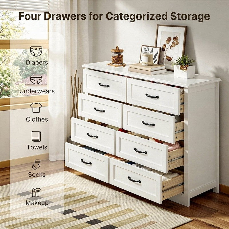 8-Drawer Dresser, White Chest of Drawers with Metal Handles, Multi-Functional St5