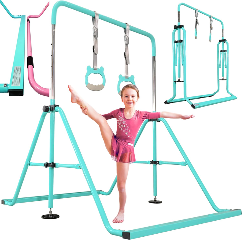 Folding Kids Gymnastics Bar w/ Rings Sturdy Kip Bar Horizontal Home Gym9