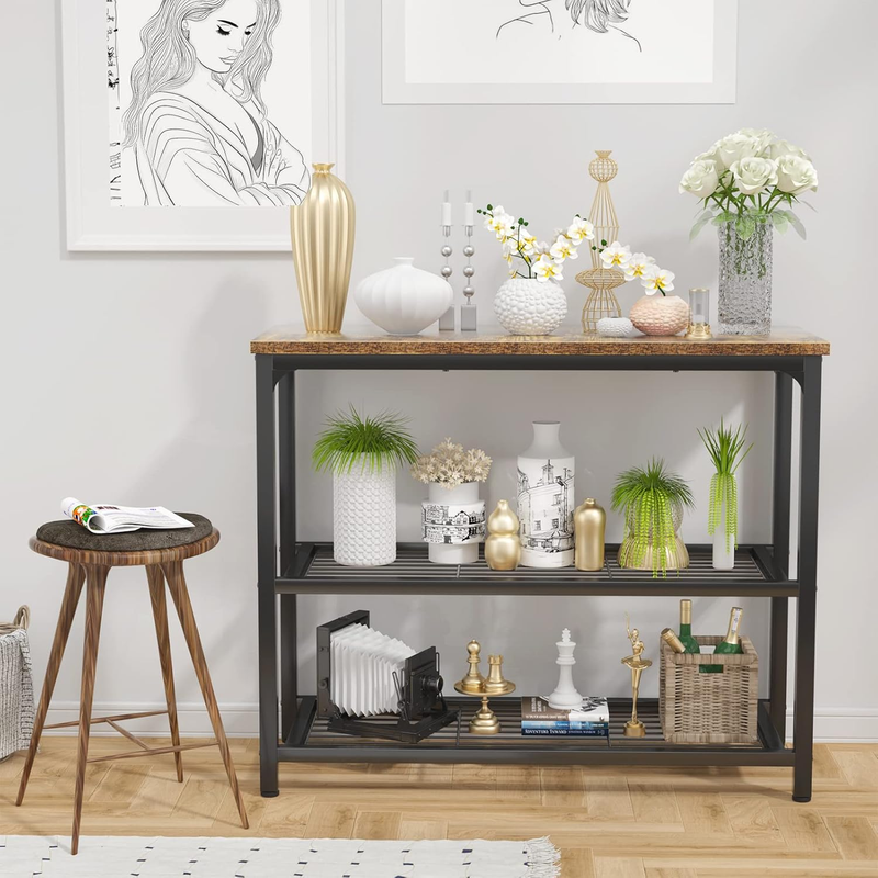 32" Ecoprsio Industrial Console Table Sofa Table Double Mesh Shelves Rustic1