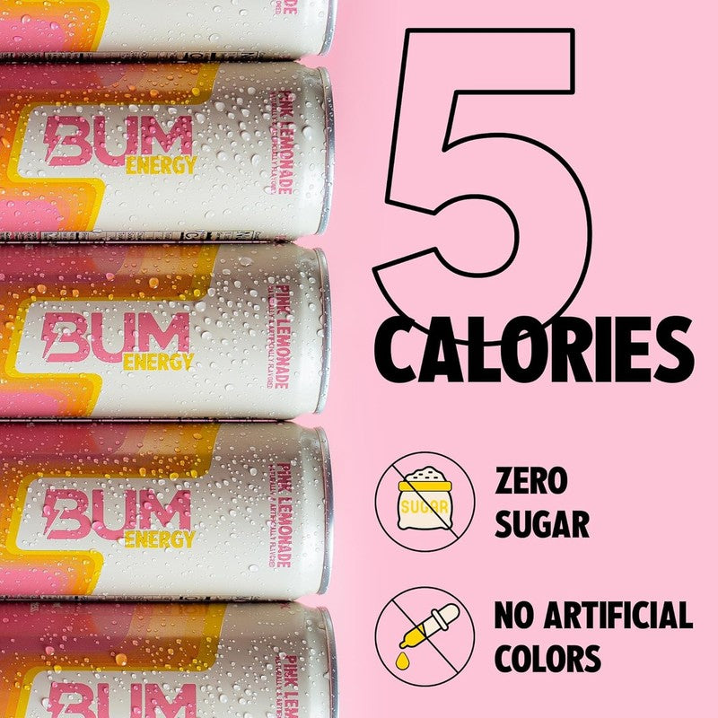 BUM Sugar Free Pink Lemonade Energy Drink   Natural Caffeine & Boost, 12 Pack5