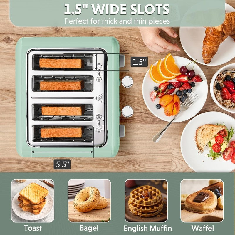 Retro 4 Slice Toaster 1800W Extra Wide Slots 7 Shade Bagel Stainless Green2