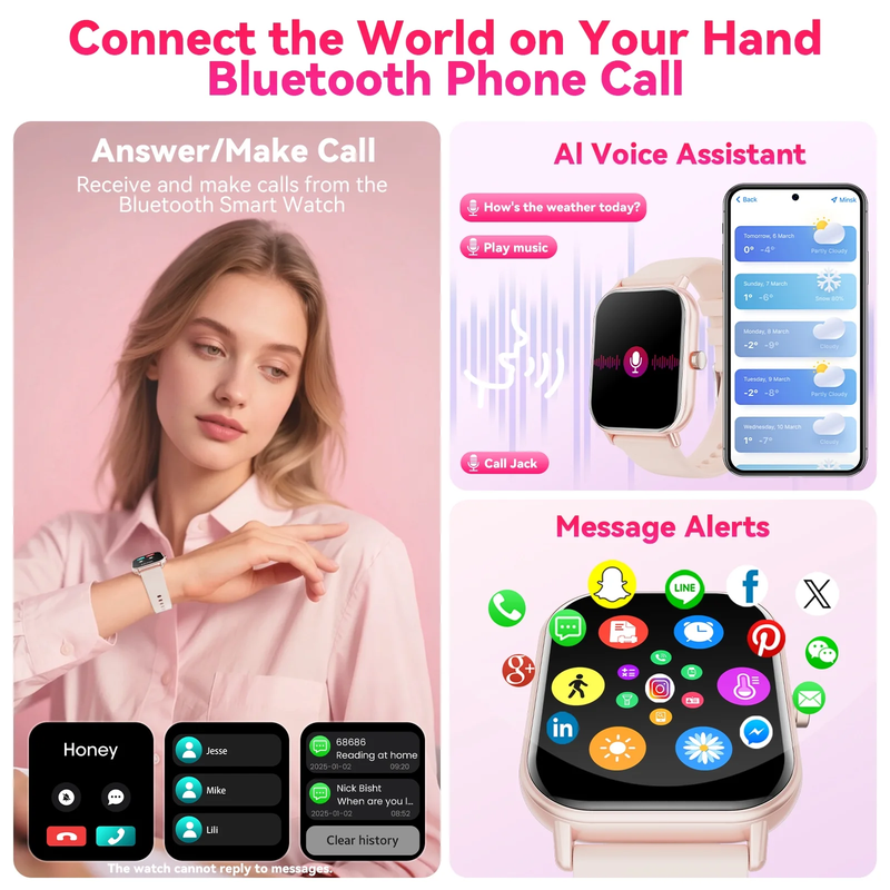 1.85" Smart Watch Android iPhone Call Fitness Tracker IP68 Pink2