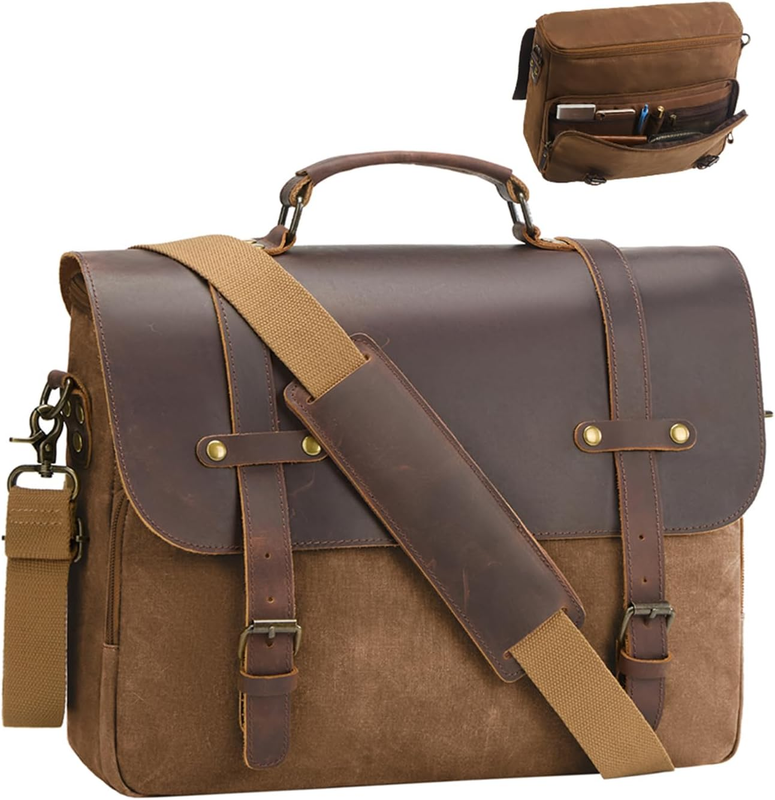 Mens Waxed Canvas Messenger Bag 16 Laptop Briefcase Leather Waterproof Satchel8