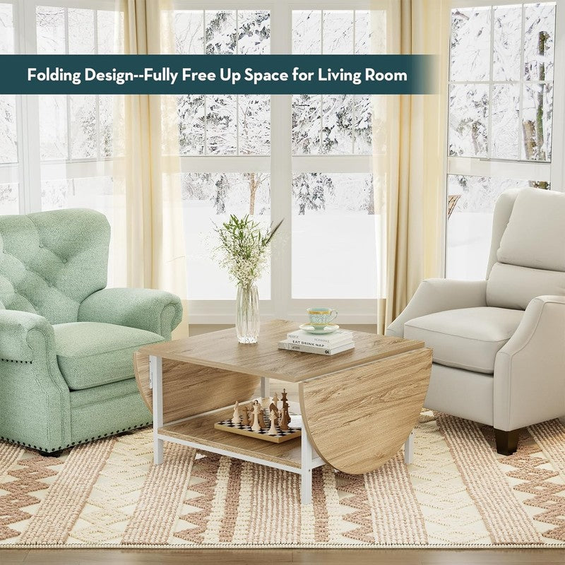 2 Tier Foldable Coffee Table, White & Oak, Modern Living Room Table6