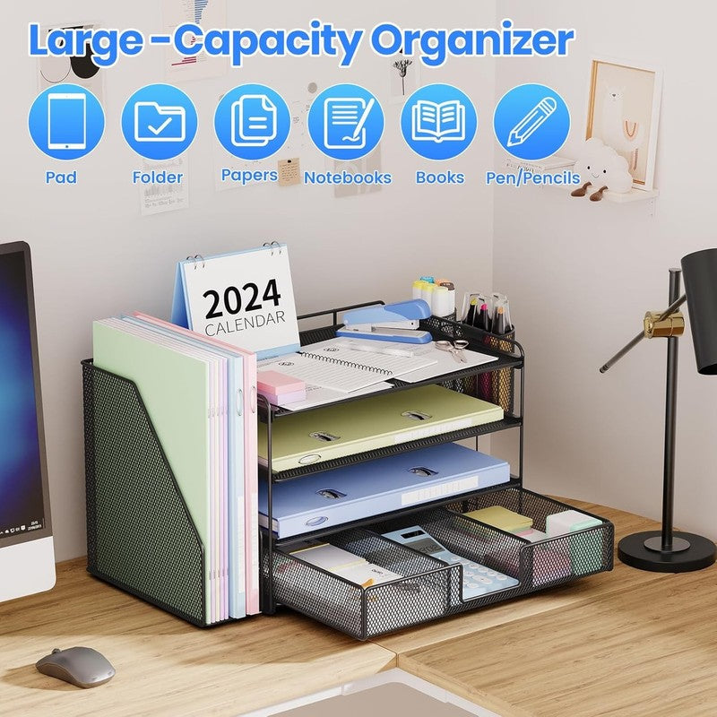 4-Tier Desk Organizer with Drawer & Pen Holders - Office Supplies (Black)1