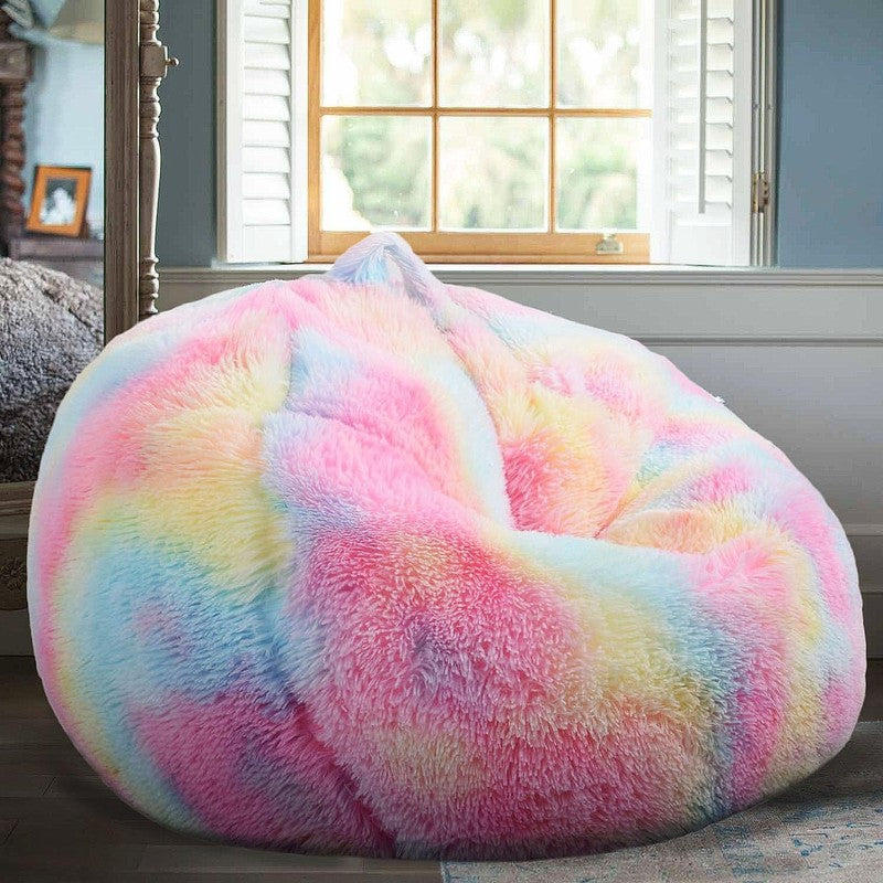 Fluffy Stuffed Animal Storage Bean Bag Cover Faux Fur Rainbow1