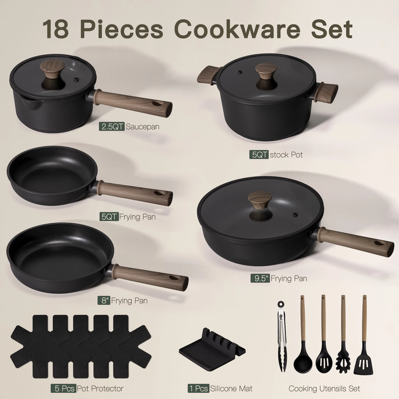 18pc Black Titanium Nonstick Cookware Set Induction Oven Safe 480F1