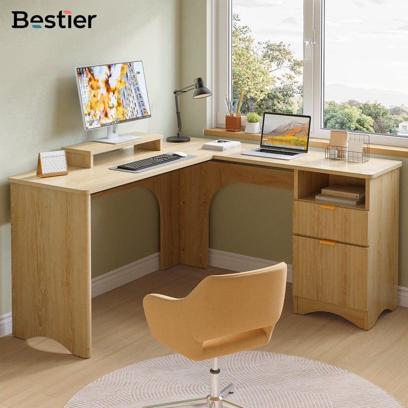 55" L-Shaped Desk with Drawers, Monitor Stand & Fluted Panels Natural Oak7